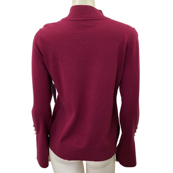 CeCe Womens Burgundy Mock Neck Sweater With Pearl Button‎ Cuffs M NWT - Picture 3 of 5